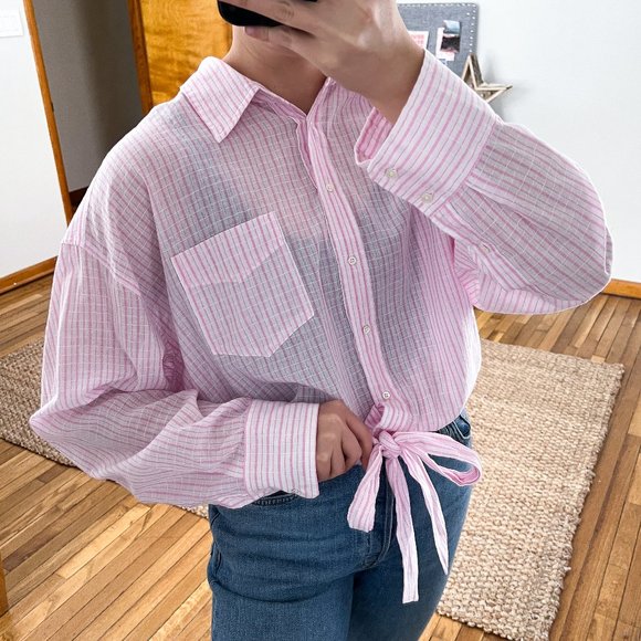 XiRENA Tops - XiRENA Pink Striped Tie Front Button Down Lightweight Classic Designer Blouse XL